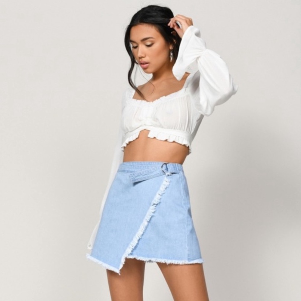 TOBI Asymmetrical Light Wash Denim Wrap Skirt